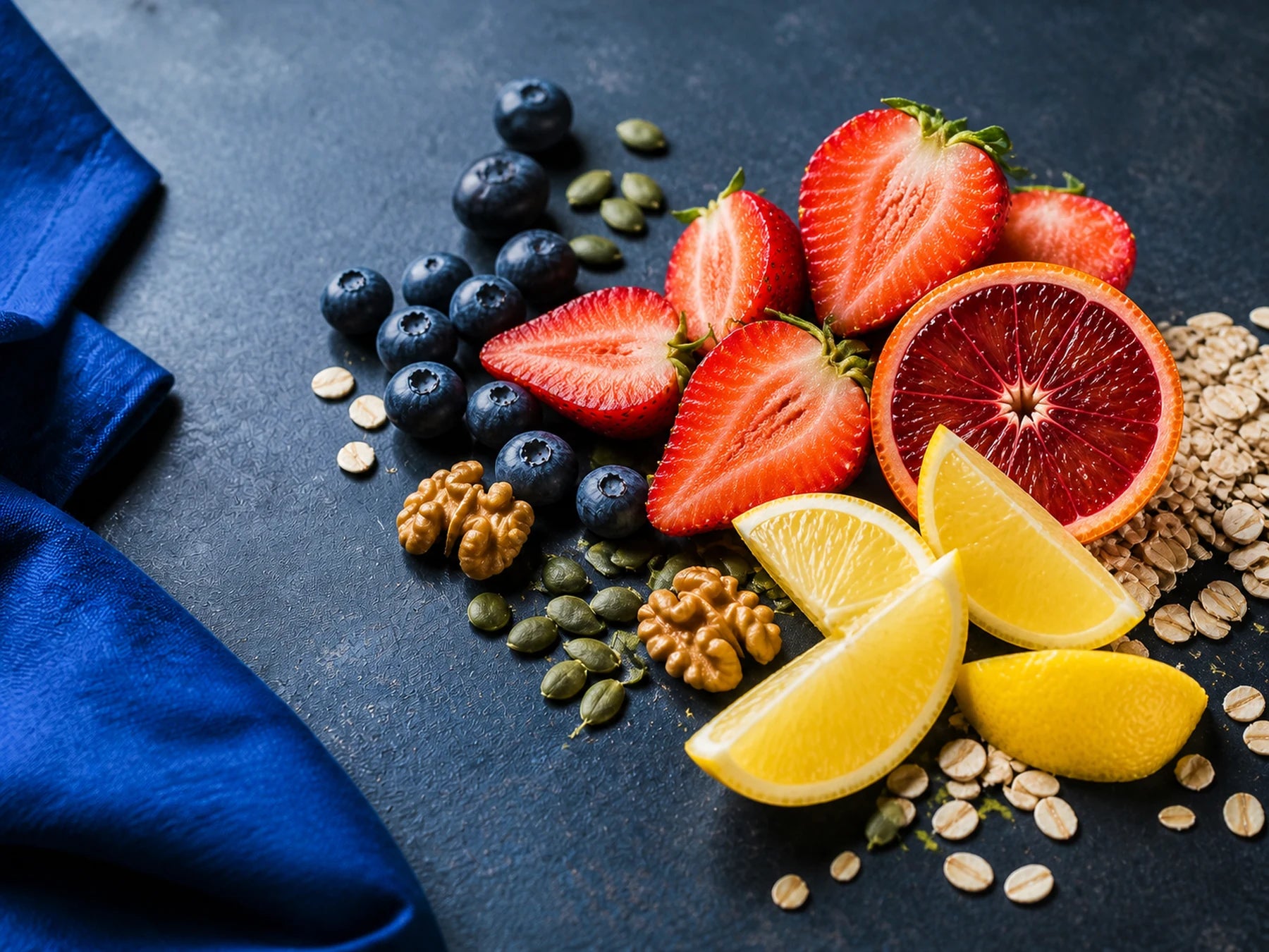 Fresh strawberries, citrus, blueberries, walnuts, seeds, and oats arranged on a dark preparation surface