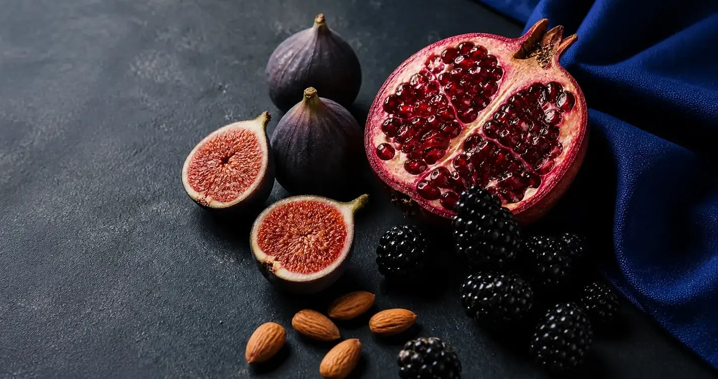 Fresh pomegranate, figs, blackberries, and almonds arranged on a dark stone surface with cobalt blue linen
