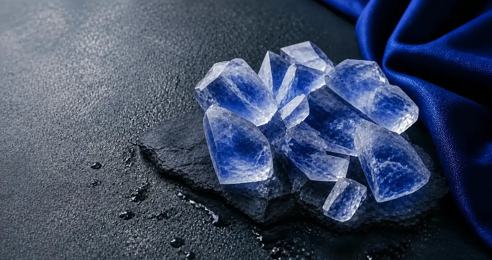 Clear and cobalt mineral crystals arranged on a dark stone surface