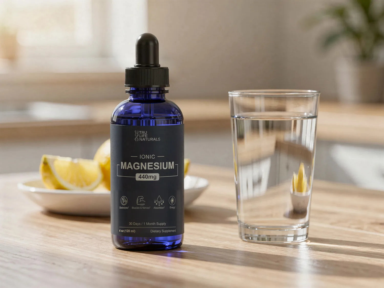 Ionic Magnesium bottle on a kitchen counter next to a glass of water
