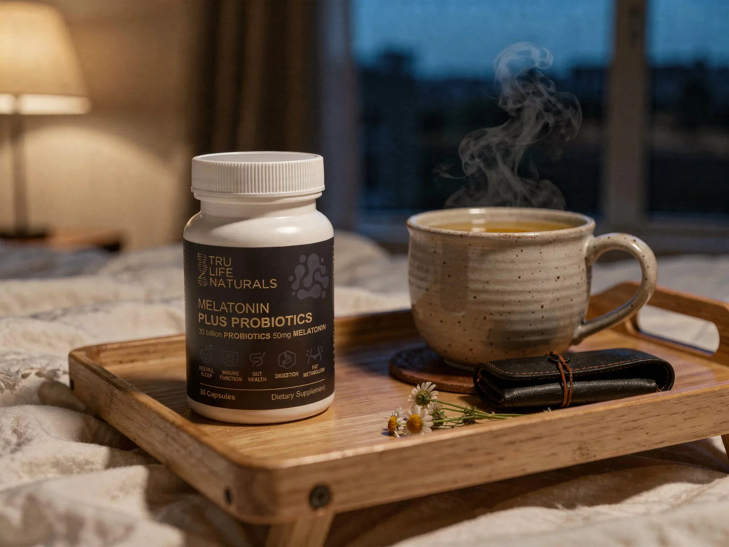 Melatonin Plus Probiotics bottle on a bed tray next to a mug of chamomile tea