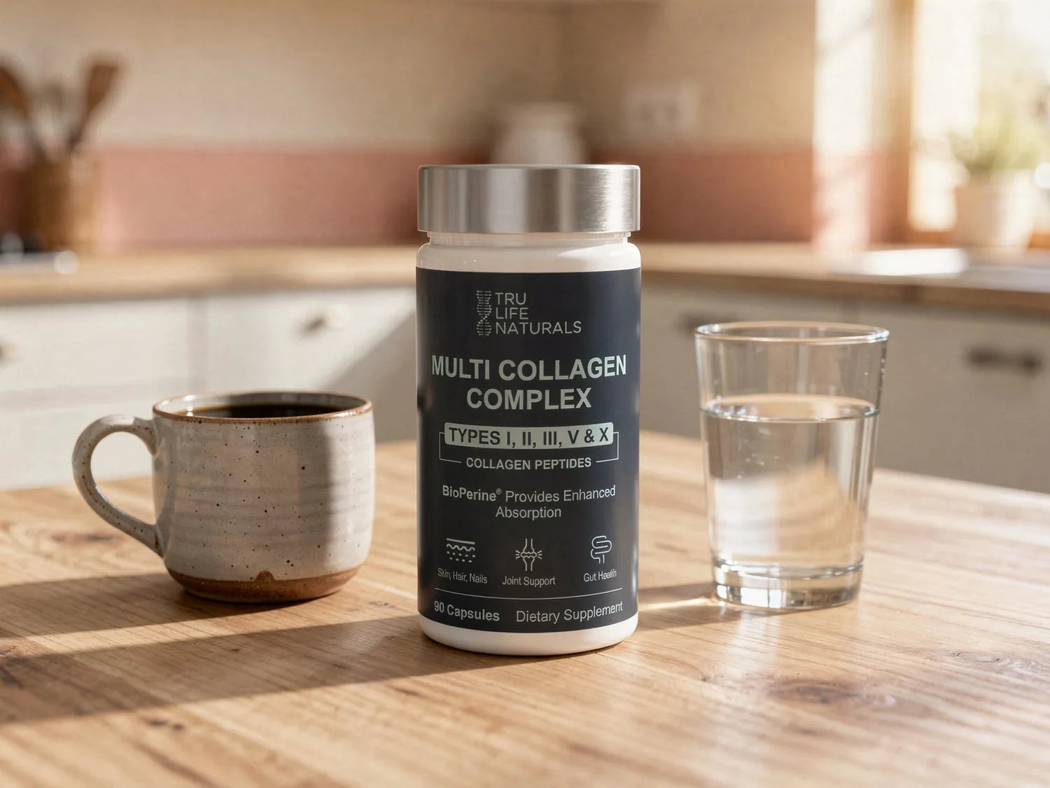 Multi-Collagen Complex bottle on a kitchen table between a coffee mug and a glass of water