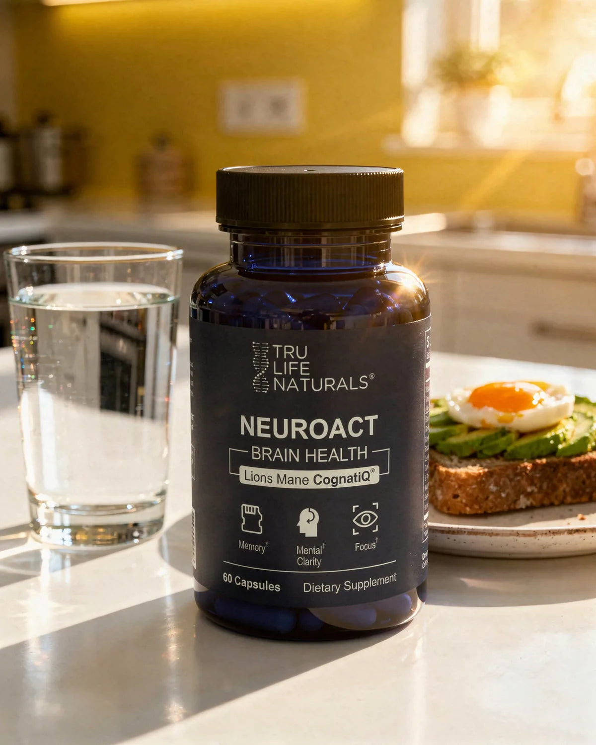 NeuroAct Brain Health bottle on a kitchen counter at sunrise next to a glass of water and avocado toast