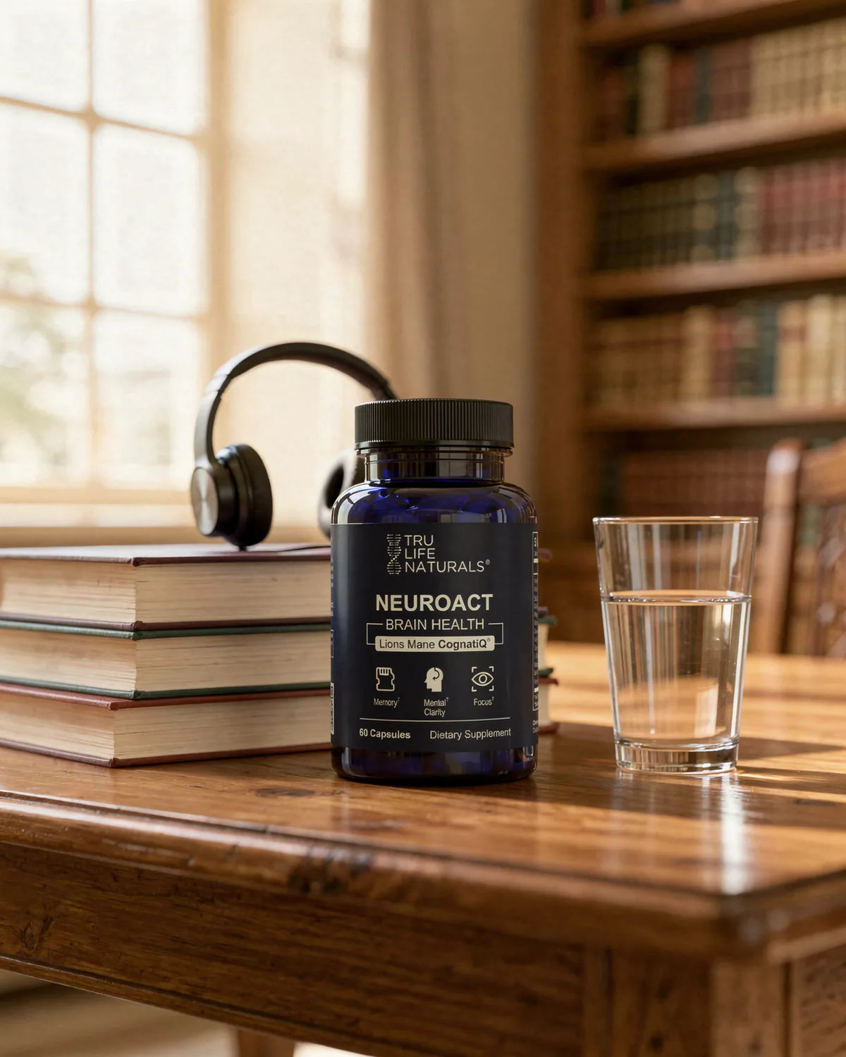NeuroAct Brain Health bottle on a library table next to books and headphones