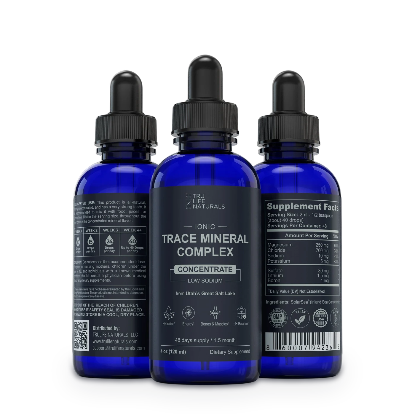 Trace Mineral Complex 4 oz dropper bottle: front, directions and Supplement Facts panels